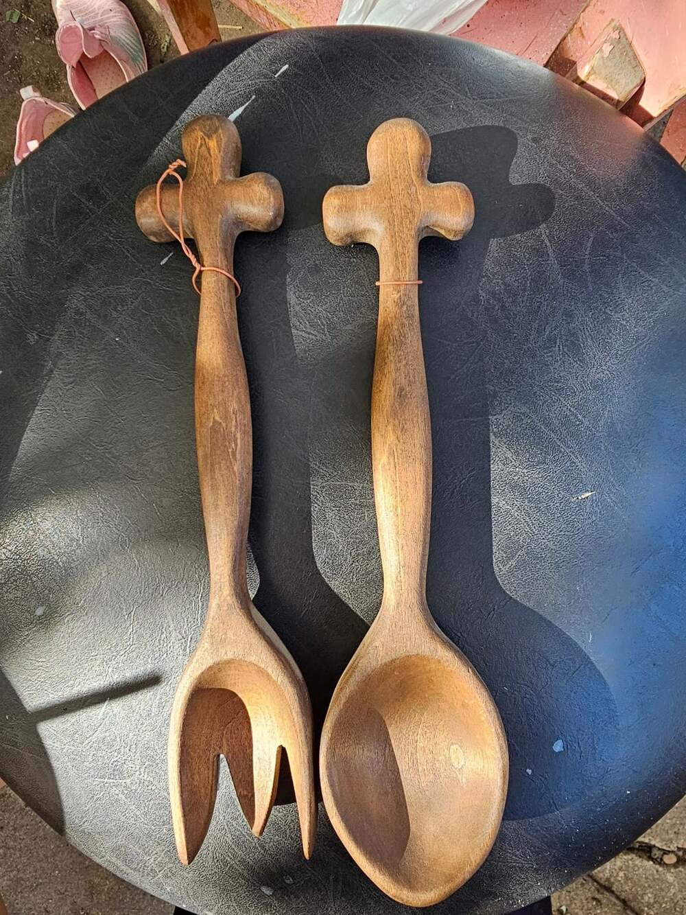 Vintage Hand Carved Wooden Salad Serving Fork And Spoon